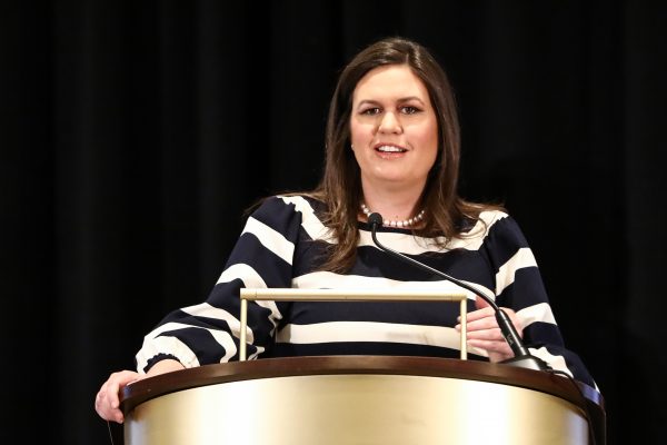 White House Press Secretary Sarah Sanders speaks at the Women for America First Summit, at Trump International Hotel in Washington on Oct. 5. (Samira Bouaou//The Epoch Times)