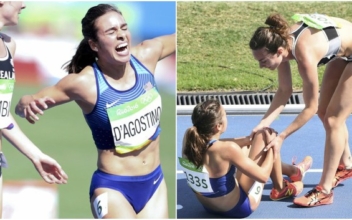 Two Olympic athletes crash and fall, then motivate each other to finish the race