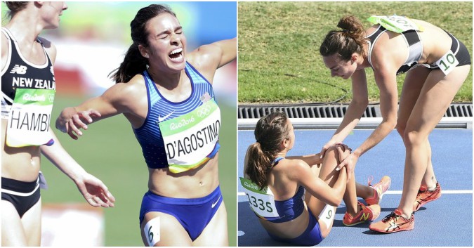 Two Olympic athletes crash and fall, then motivate each other to finish the race