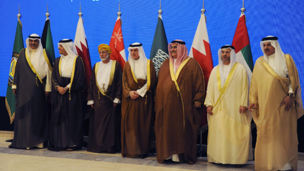 (From L to R) Kuwait's Foreign Minister Sheikh Sabah al-Khaled al-Sabah, Qatar's Foreign Minister Mohammed bin Abdulrahman bin Jassim al-Thani, Oman's Foreign Minister Yusuf bin Alawi, Saudi Arabia's Foreign Minister Adel al-Jubeir, Bahrain's Foreign Minister Khalid bin Ahmed al-Khalifa, UAE Minister of State for Foreign Affairs Anwar Gargash, and GCC Secretary General Abdul Latif Bin Rashid al-Zayani pose for a group picture during a meeting of the Gulf foreign ministers in the Saudi capital Riyadh, a few days ahead of the Gulf Cooperation Council (GCC) submit, on May 17, 2017. (Fayez Nureldine/AFP/Getty Images)