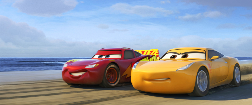 This image released by Disney shows Lightning McQueen, voiced by Owen Wilson, left, and Cruz Ramirez, voiced by Cristela Alonzo in a scene from "Cars 3." (Disney-Pixar via AP)