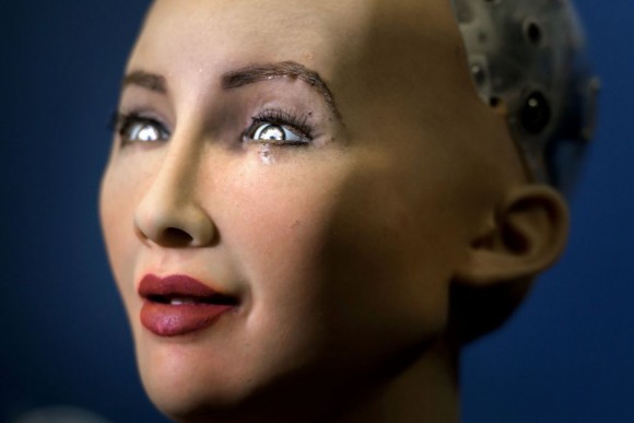 "Sophia" an artificially intelligent (AI) human-like robot on June 7, 2017, in Geneva, Switzerland.<br/>(FABRICE COFFRINI/AFP/Getty Images)