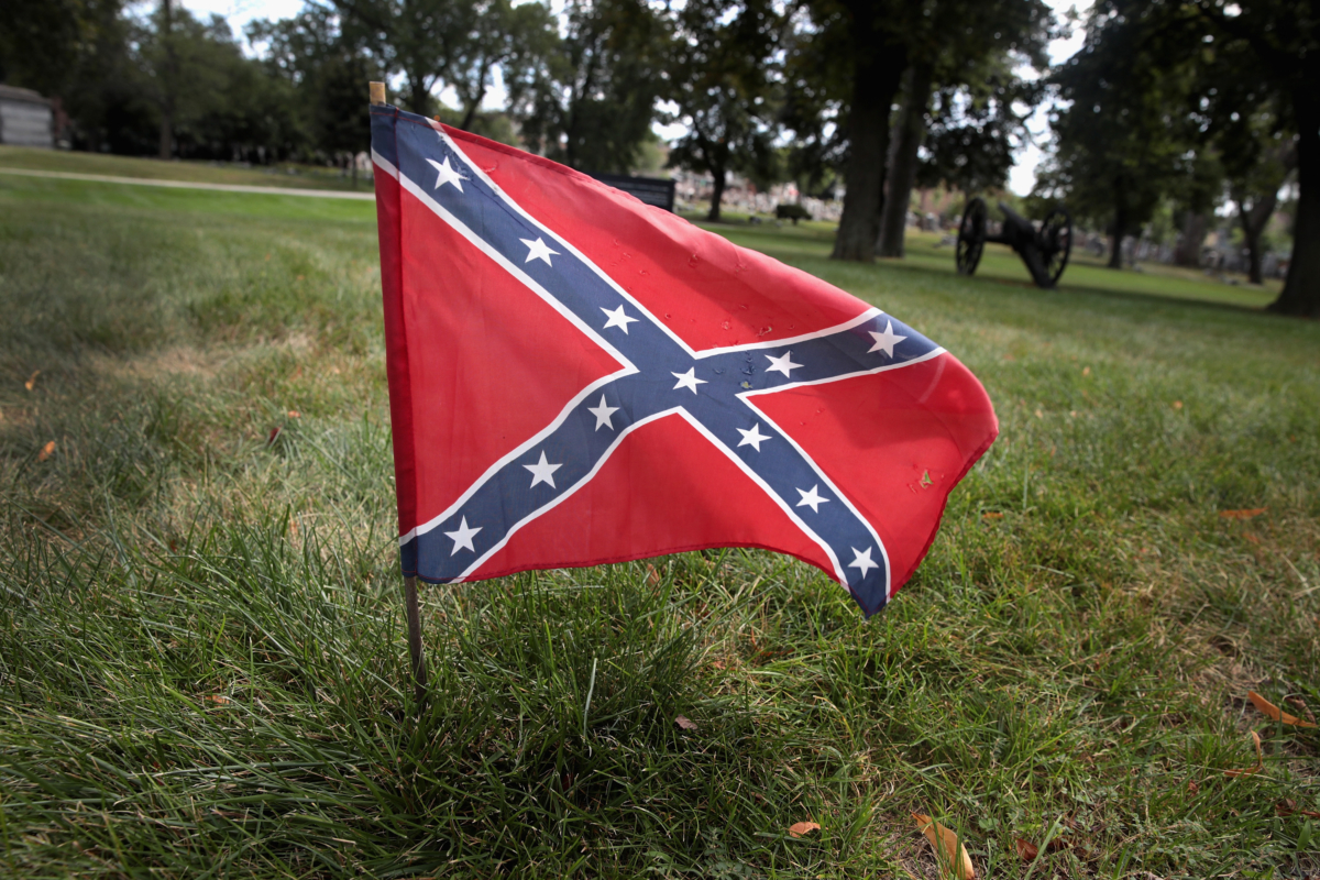 A Confederate Navy jack flag sits at the base of Confederate Mound, a memorial to more than 4,000 Confederate prisoners of war who died in captivity at Camp Douglas and are buried around the monument in Chicago, Illinois, on Aug. 23, 2017. (Scott Olson/Getty Images)