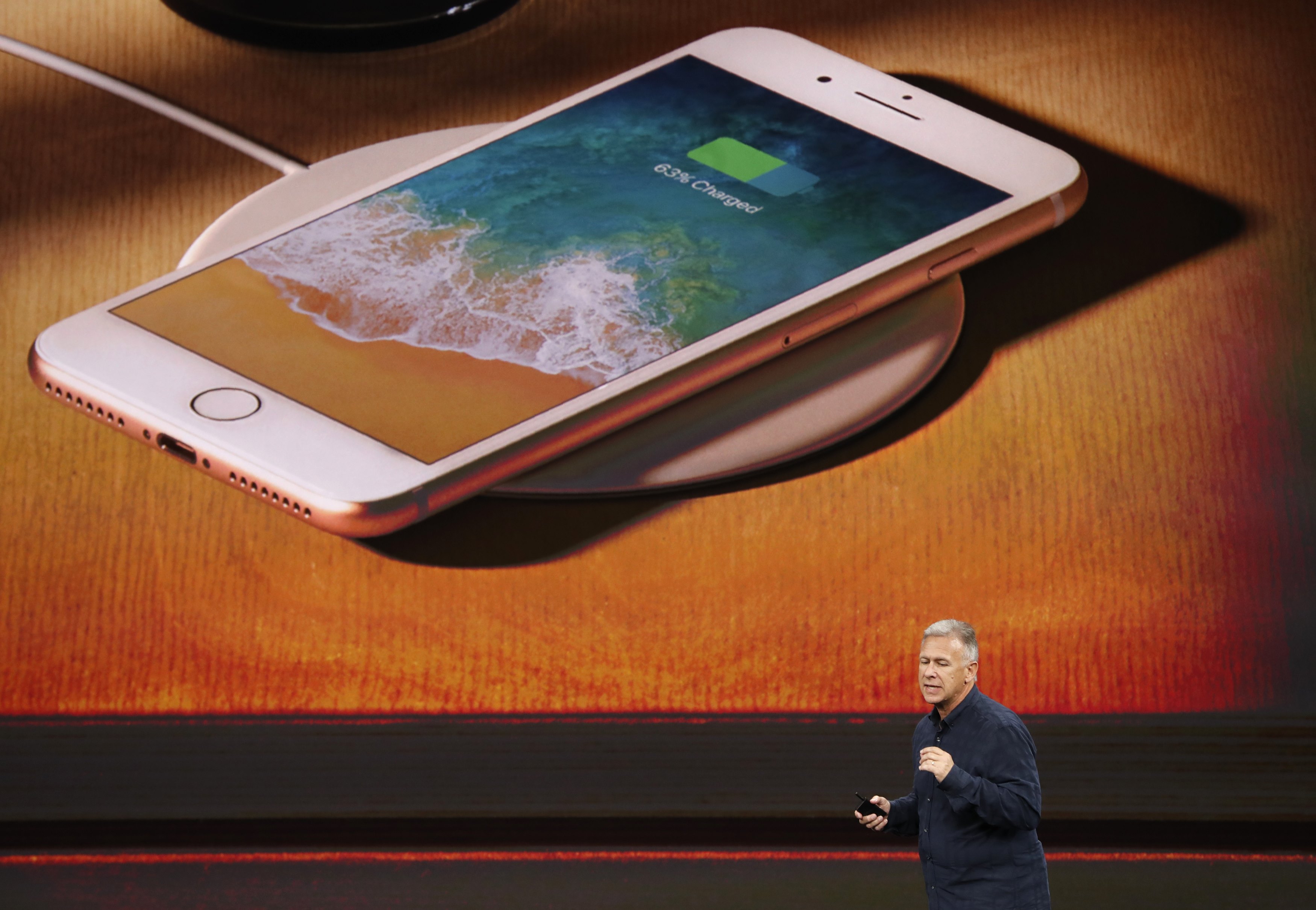 Apple Senior Vice President of Worldwide Marketing, Phil Schiller, introduces the iPhone 8 during a launch event in Cupertino, Calif., on Sept. 12, 2017. (REUTERS/Stephen Lam)