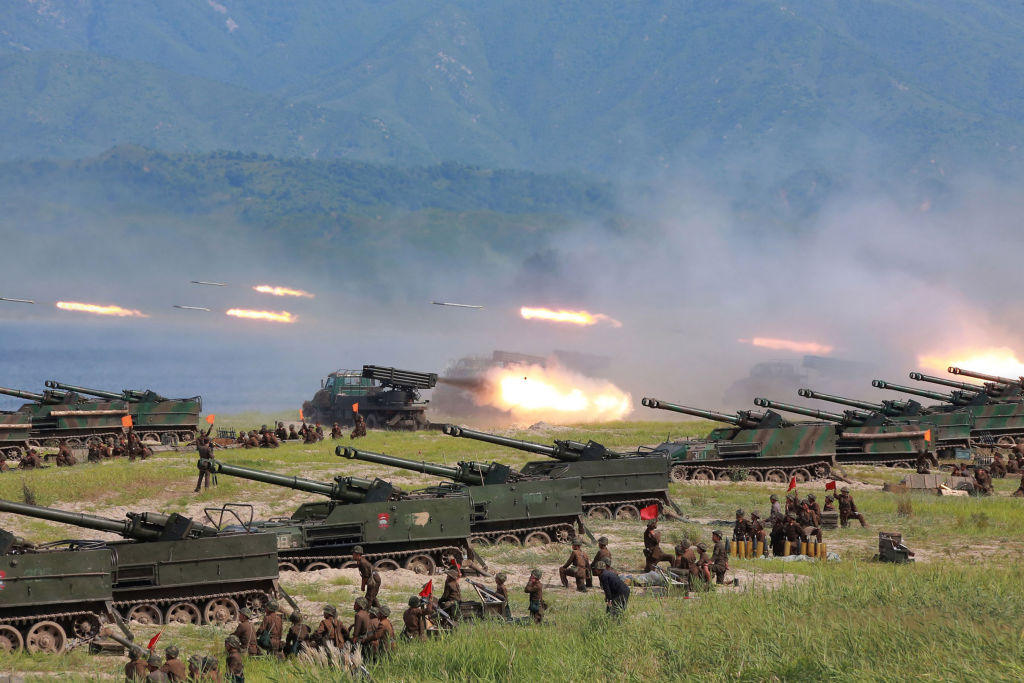 This undated photo released on August 26, 2017, shows rockets being launched by Korean People's Army (KPA) personnel during an exercise at an undisclosed location in North Korea.<br/>(STR/AFP/Getty Images)
