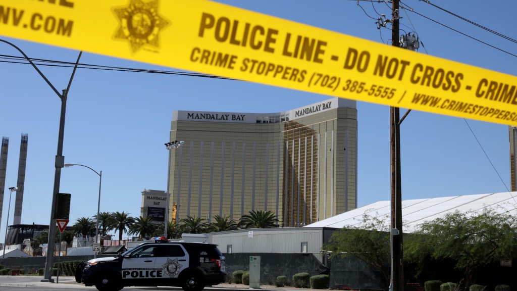 The site of the Route 91 music festival mass shooting is seen outside the Mandalay Bay Resort and Casino in Las Vegas, Nevada, U.S. October 2, 2017.(REUTERS/Lucy Nicholson)