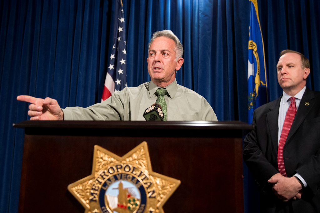 Clark County Sheriff Joe Lombardo, left, with Aaron C. Rouse, special agent in charge for the FBI in Nevada, discusses the Route 91 Harvest festival mass shooting at the Las Vegas Metropolitan Police Department headquarters in Las Vegas, Monday, Oct. 9, 2017. (Erik Verduzco/Las Vegas Review-Journal via AP)