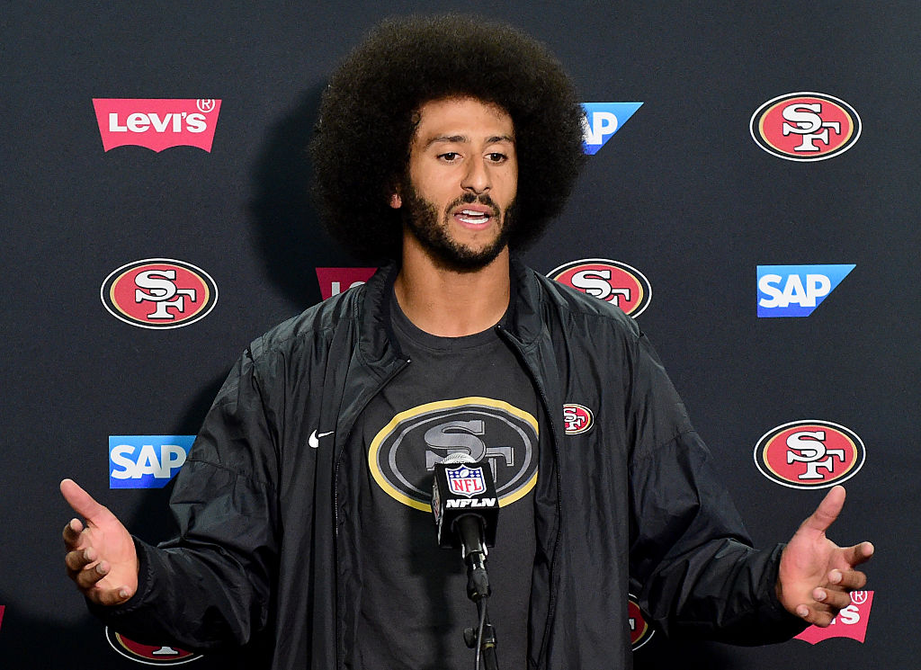 Colin Kaepernick, former #7 of the San Francisco 49ers speaks to media in San Diego, California, on Sept. 1, 2016. (Harry How/Getty Images)