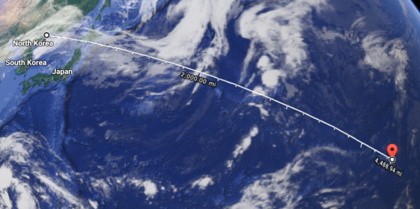 The distance from North Korea to Hawaii. (Screenshot via Google Maps)