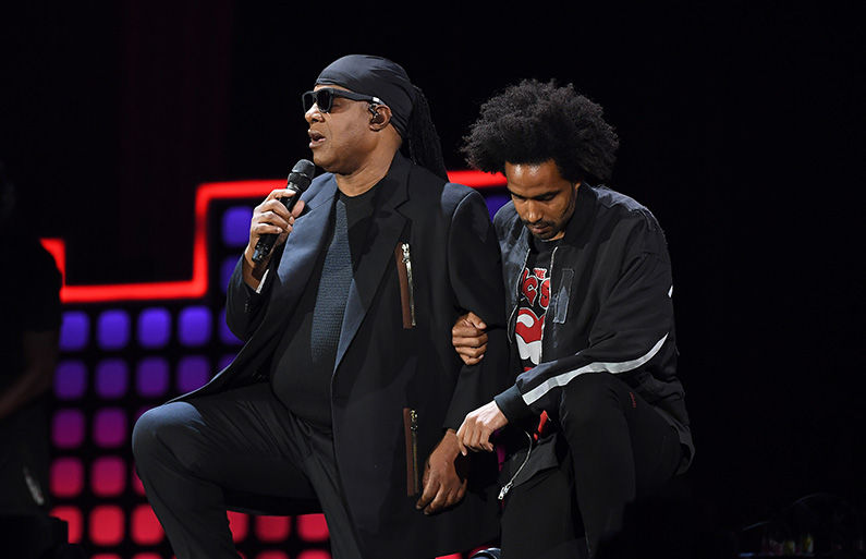 Stevie Wonder and his son Kwame Morris onstage during the 2017 Global Citizen Festival: For Freedom. For Justice. For All. in Central Park on September 23, 2017 in New York City. (Angela Weiss/AFP/Getty Images)