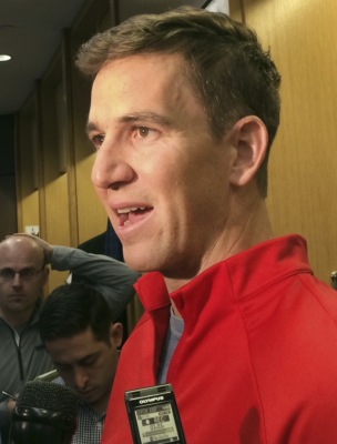 New York Giants quarterback Eli Manning speaks with reporters at the NFL football team's training facility, Tuesday, Nov. 28, 2017, in East Rutherford, N.J. (AP Photo/Tom Canavan)