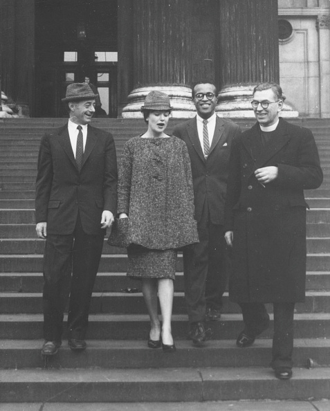 Jazz singer Annie Ross with musicians Dave Lambert (left) and Jon Hendricks (second left) and Canon L John Collins on the steps of St Paul's Cathedral following a performance for Christian Action, London, March 2nd 1959. (Photo by Keystone/Hulton Archive/Getty Images)