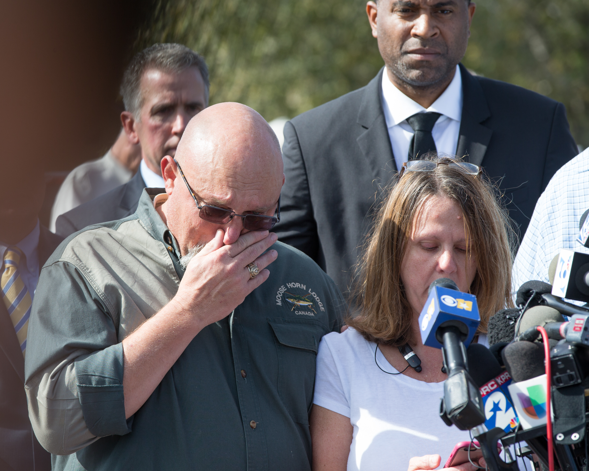 Pastor Frank Pomeroy and his wife Sherri speak at a press conference on November 6, 2017 at the First Baptist Church in Sutherland Springs, Texas following a mass shooting that left 26 people dead including their 14 year old daughter. (Suzanne Cordeiro/AFP/Getty Images)