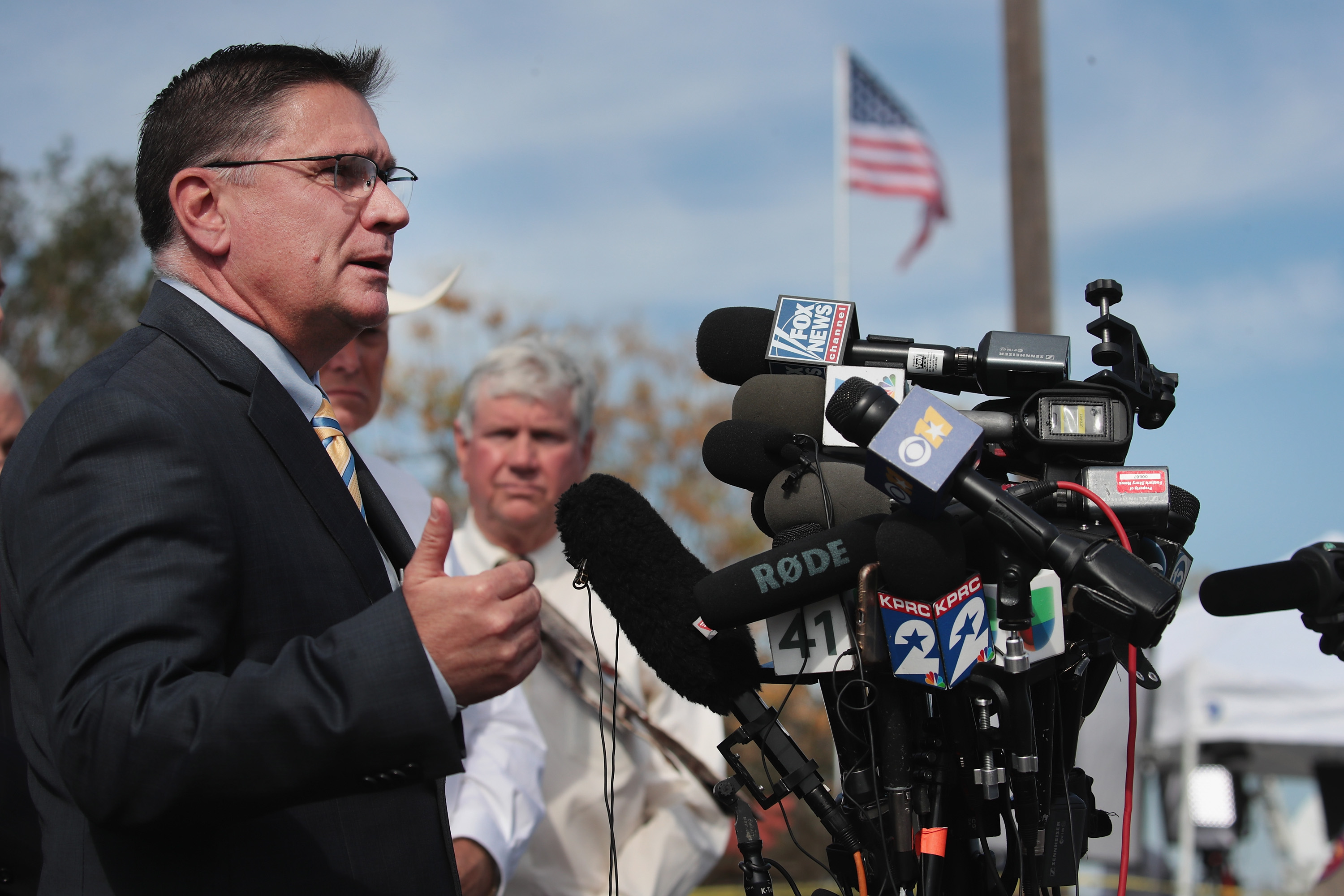 Freeman Martin, regional director of public safety, briefs the press as law enforcement officials continue their investigation at the First Baptist Church of Sutherland Springs on November 6, 2017 in Sutherland Springs, Texas. (Scott Olson/Getty Images)