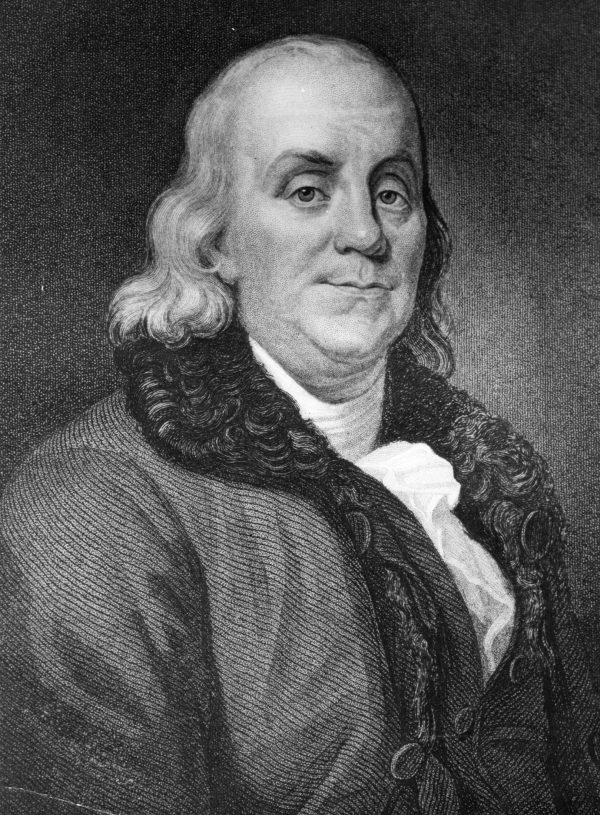 Circa 1750, Benjamin Franklin (1706-1790) American statesman, writer, and scientist. Original Artwork: Engraving by J Thomson from an original picture by JA Duplesois. (Hulton Archive/Getty Images)