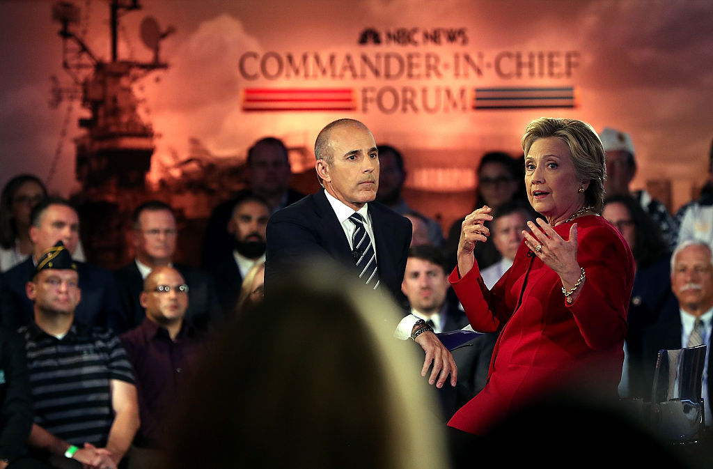Matt Lauer looks on as Democratic presidential nominee Hillary Clinton speaks during the NBC News Commander-in-Chief Forum on September 7, 2016 in New York City. (Justin Sullivan/Getty Images)