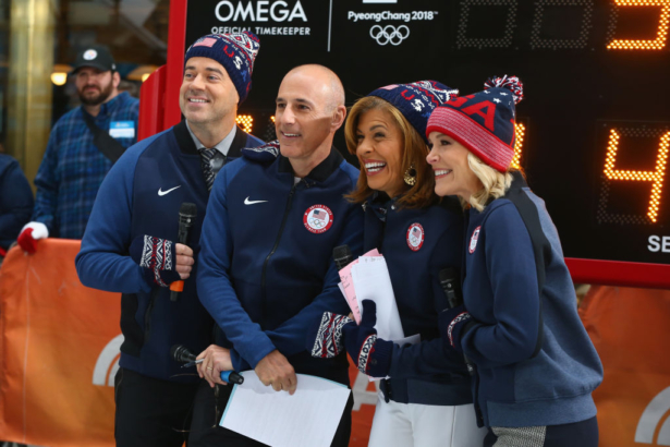 (L-R) Carson Daly, Matt Lauer, Hoda Kotb, and Megyn Kelly of NBC's "Today Show" during the 100 Days Out 2018 PyeongChang Winter Olympics Celebration - Team USA in Times Square on Nov. 1, 2017, in New York City. (Mike Stobe/Getty Images for USOC)