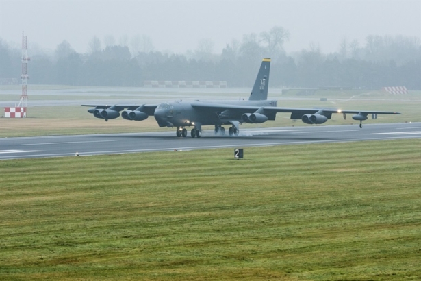 A B-52H Stratofortress assigned to Air Force Global Strike Command touches down at RAF Fairford, England, Jan. 9, 2018. (U.S. Air Force photo by Senior Airman J.T. Armstrong)