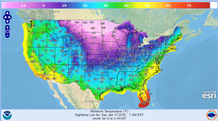 Extreme temperature drops are predicted between 7 p.m. Friday, Jan 12 and 7 a.m. Saturday, Jan 13. (National Weather Service)