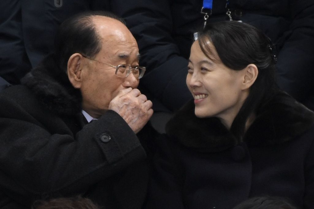 North Korean leader Kim Jong Un's sister Kim Yo Jong (R) and North Korea's ceremonial head of state Kim Yong Nam watch the women's preliminary round ice hockey match during the Pyeongchang 2018 Winter Olympic Games at the Kwandong Hockey Centre in Gangneung on February 10, 2018. (ED JONES/AFP/Getty Images)
