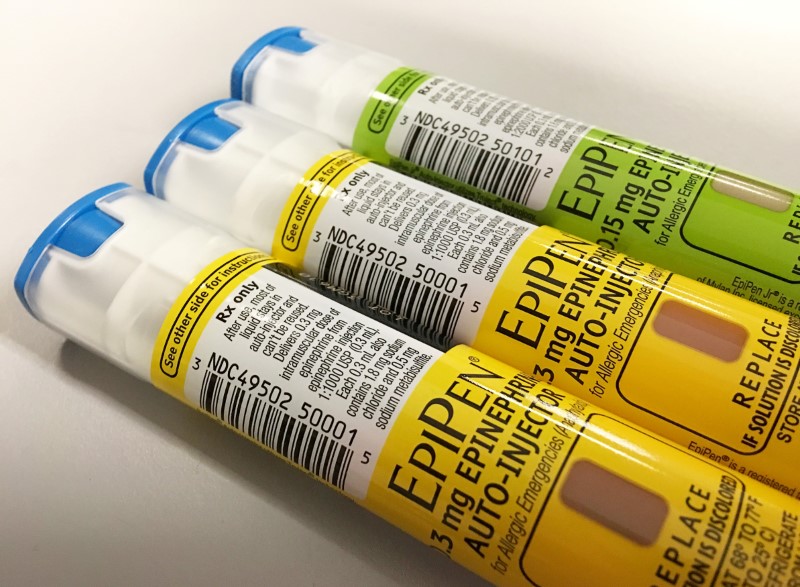 EpiPen auto-injection epinephrine pens manufactured by Mylan NV pharmaceutical company for use by severe allergy sufferers are seen in Washington on Aug. 24, 2016. (Reuters/Jim Bourg/File Photo)