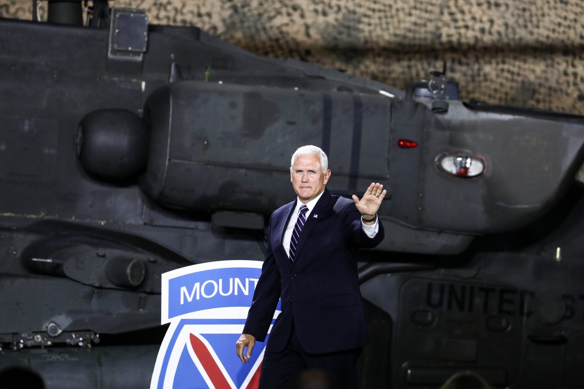 Vice President Mike Pence speaks at Wheeler-Sack Army Airfield before the president signs the 2019 National Defense Authorization Act, at Fort Drum, N.Y., on Aug. 13, 2018. (Charlotte Cuthbertson/The Epoch Times)