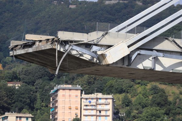 A picture shows the Morandi motorway bridge after it collapsed in Genoa on Aug. 14, 2018. (Valery Hache/AFP/Getty Images)
