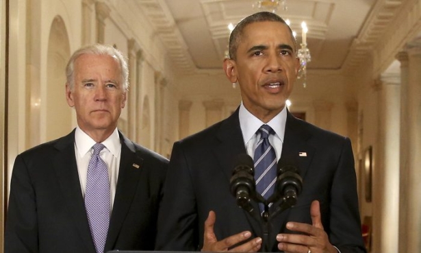 Former President Barack Obama, standing with Former Vice President Joe Biden, talks about the Iran Nuclear Deal on July 14, 2015. (Andrew Harnik-Pool/Getty Images)