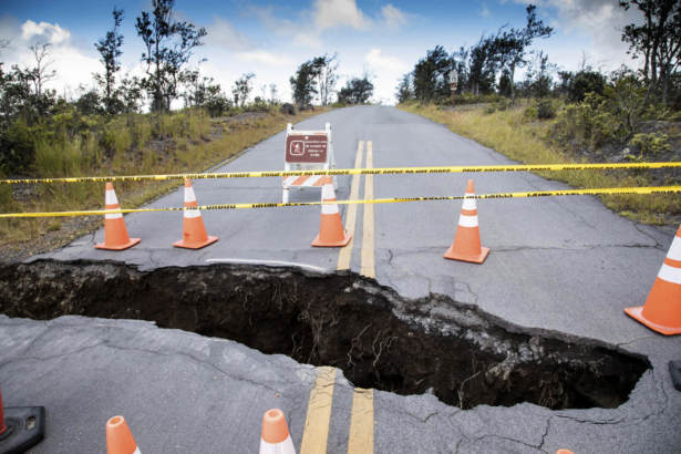 This National Park Service photo shows a large sinkhole at the Kilauea Overlook intersection inside Hawaii Volcanoes National Park