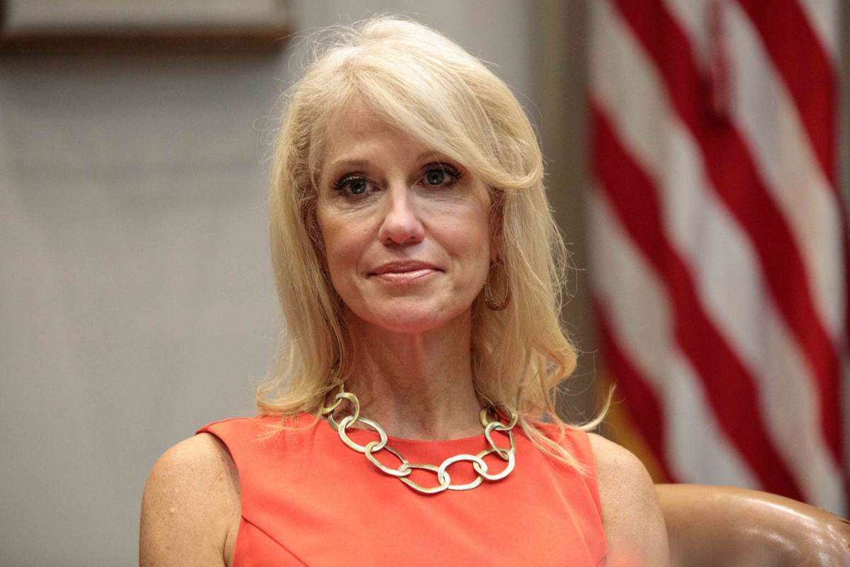 Senior Counselor to the President Kellyanne Conway looks on as President Donald Trump announces a grant for a drug-free communities support program, in the Roosevelt Room of the White House in Washington on Aug. 29, 2018. (Samira Bouaou/The Epoch Times)