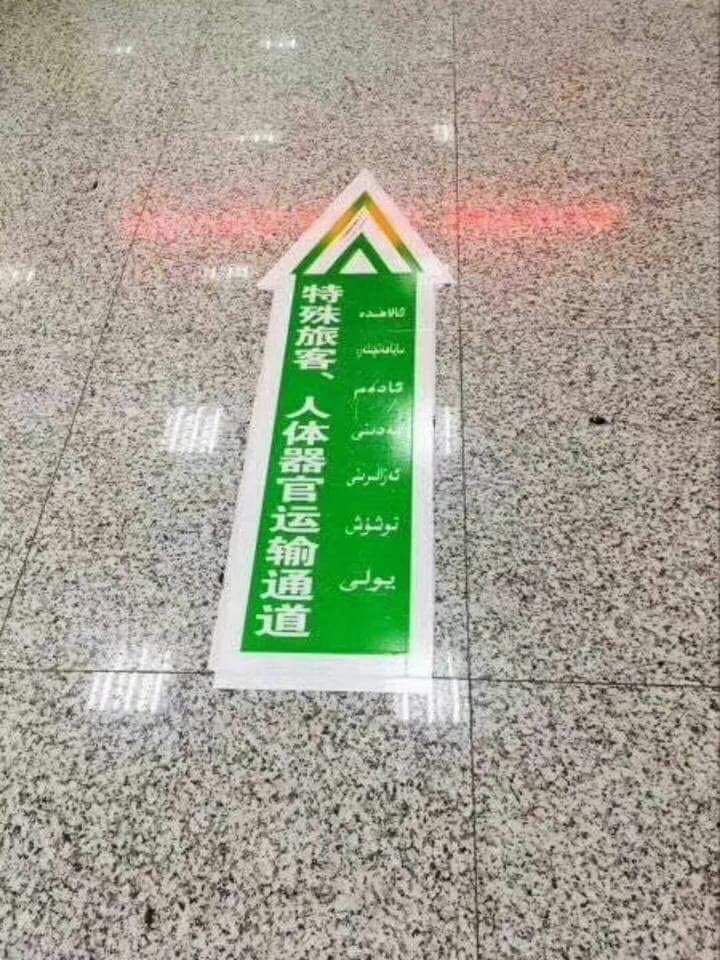 Sign at Xinjiang airport saying special visitors and human organ transplant channel. Organ harvesting witness Enver Tohti told an inquiry that such a sign in a Xinjiang airport was an indication of the volume of organ transplants happening in Xinjiang, China. (Enver Tohti)