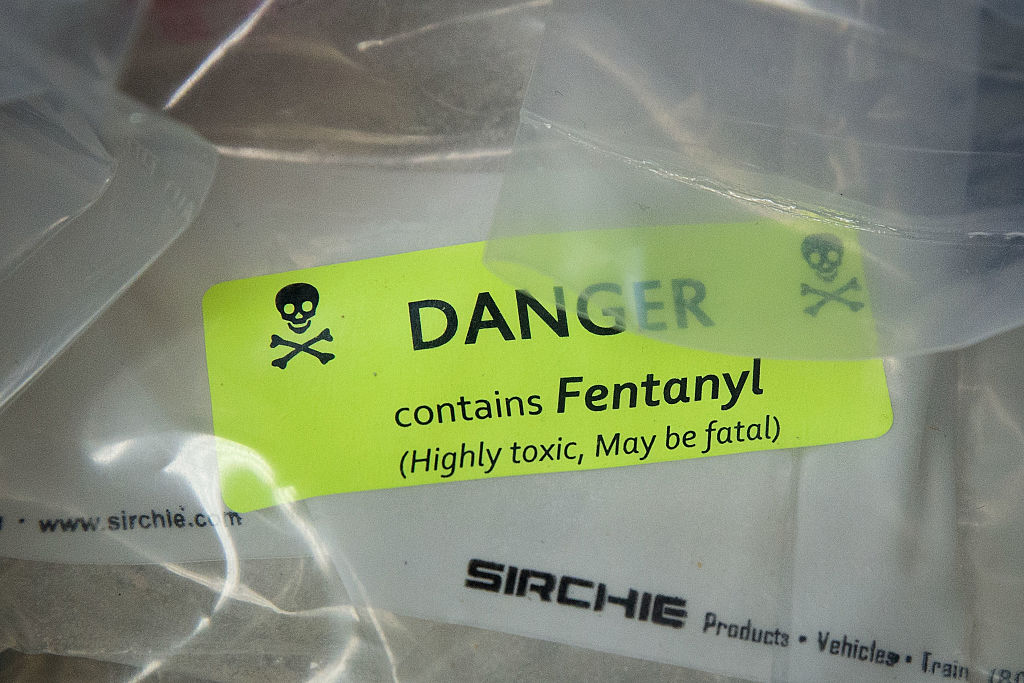 Bags of heroin, some laced with fentanyl, are displayed before a press conference at the office of the New York Attorney General, in New York, on Sept. 23, 2016. (Drew Angerer/Getty Images)