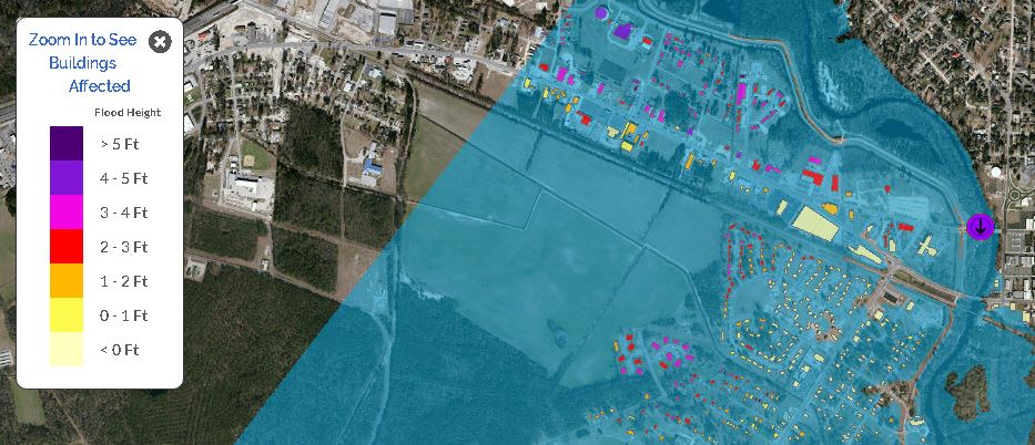 A map shows levels of flooding across Lumberton, North Carolina, with some areas receiving as much as five feet of floodwaters, on Sept. 18, 2018. (Flood Inundation Mapping and Alert Network)