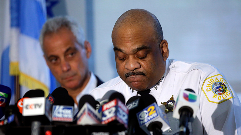 Chicago Police Superintendent Eddie Johnson speaks about a weekend of gun violence during a news conference at the Chicago Police Department 6th District station, on Aug. 6, 2018. (Joshua Lott/Getty Images)
