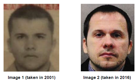 Alexander Mishkin’s passport photo of 2001 versus Petrov’s 2016 passport photo in images provided by Bellingcat. (Bellingcat)