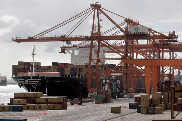 Shipping container cranes line the Piraeus cargo port in Greece, on Feb. 11, 2015. (Milos Bicanski/Getty Images)