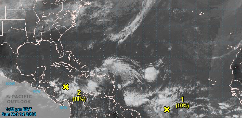 The NHC is monitoring two low-pressure areas as of Oct. 14. (NHC)