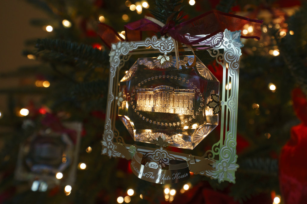 The First Family's official Christmas ornament is seen during the press preview at the White House in Washington, on Nov. 26, 2018. (AP Photo/Carolyn Kaster)