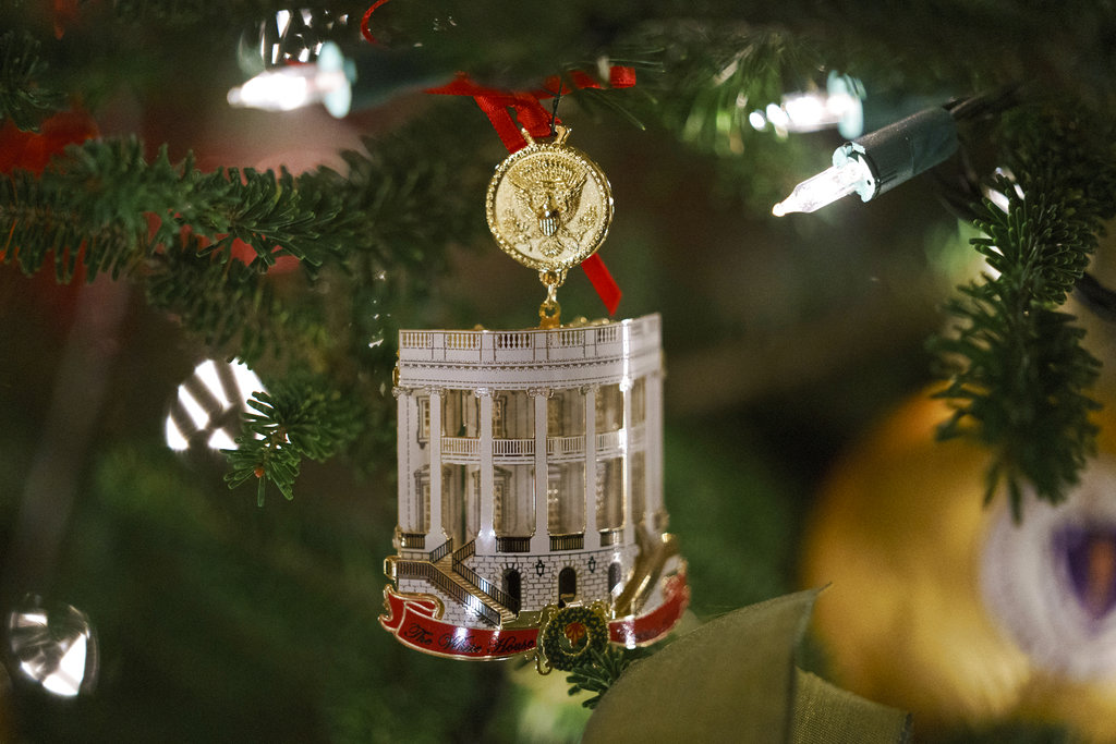 The Official 2018 White House Christmas Ornament is seen during the 2018 Christmas Press Preview at the White House in Washington, on Nov. 26, 2018. (AP Photo/Carolyn Kaster)