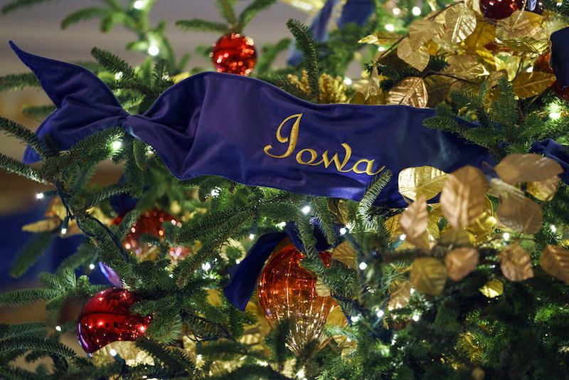 A detail of the official White House Christmas tree is seen in the Blue Room during the 2018 Christmas Press Preview at the White House in Washington, on Nov. 26, 2018. The tree measures 18 feet tall and is dressed in over 500 feet of blue velvet ribbon embroidered in gold with each State and territory. (AP Photo/Carolyn Kaster)