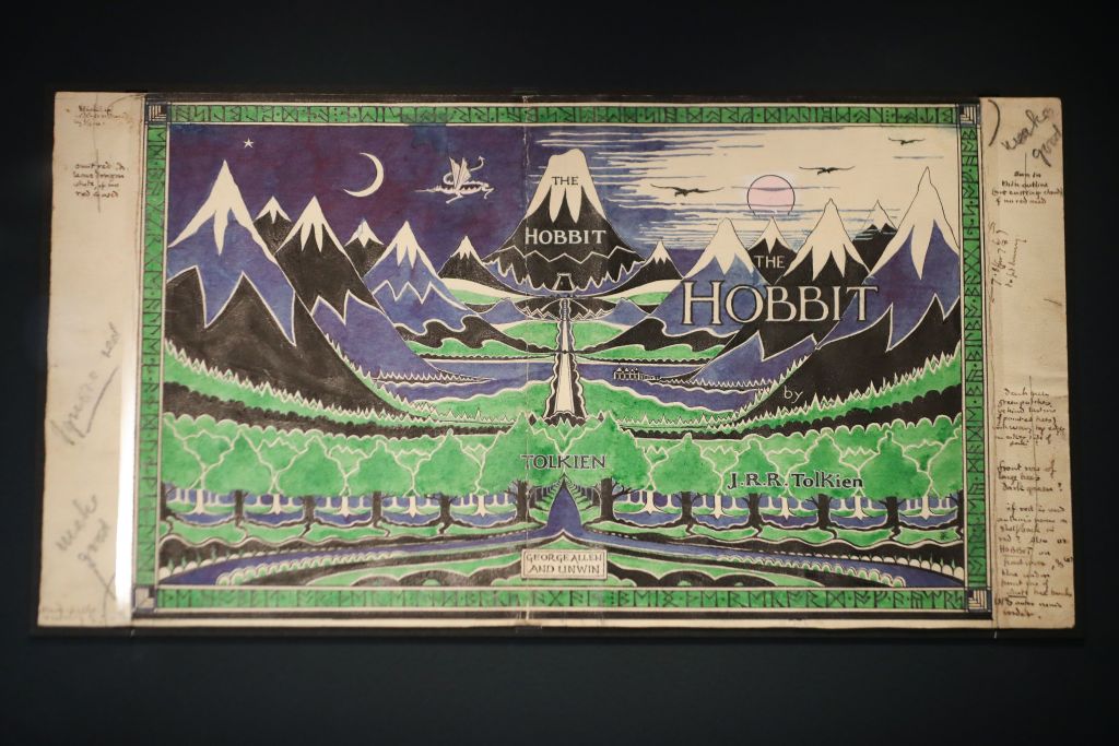 The final cover art on the first edition dust jacket of J. R. R. Tolkien's "The Hobbit" during a preview of the exhibition entitled Tolkien: Maker of Middle-earth at Weston Library, part of the Bodleian Library, in Oxford, west of London, on May 31, 2018. (Daniel Leal-Olivas/AFP/Getty Images)
