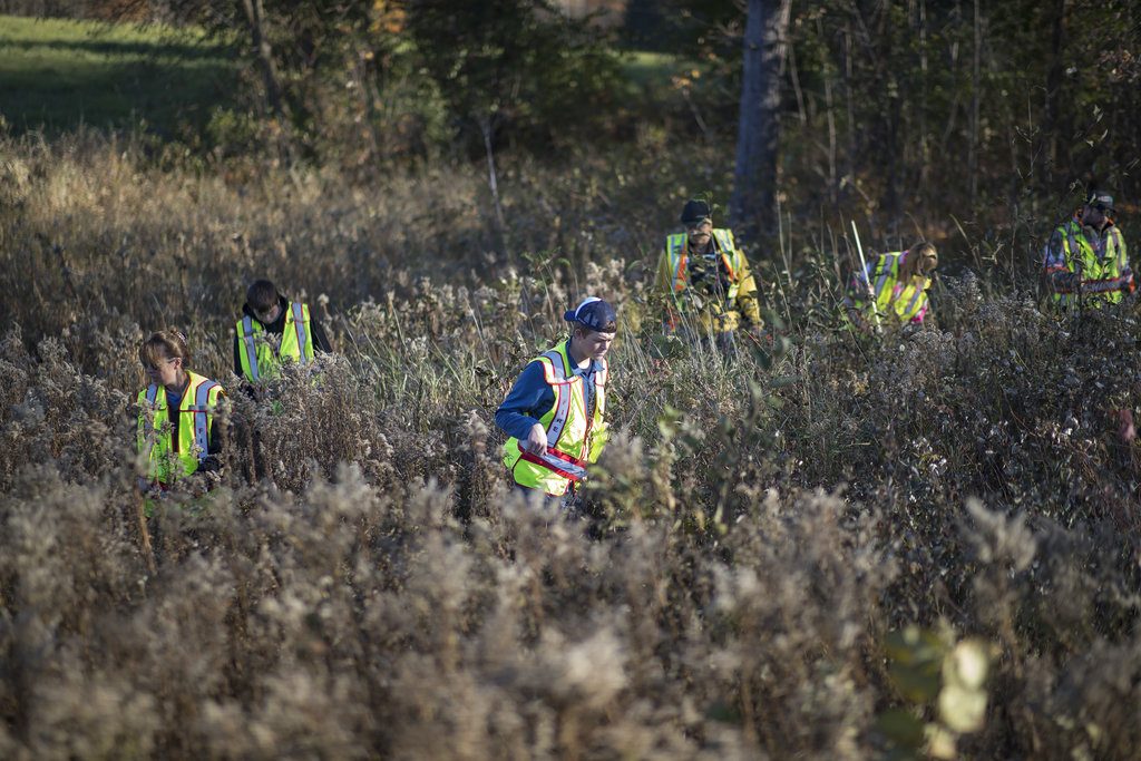 A group of volunteers searched the ditches along highway 8 near the home where 13-year-old Jayme Closs lived with her parents James, and Denise in Barron, Wis., on Oct. 18, 2018. (Jerry Holt /Star Tribune via AP)