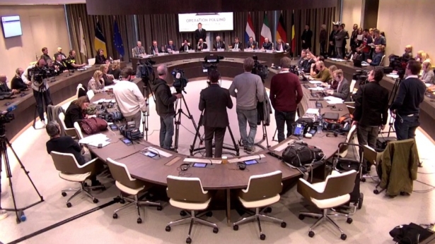 Law enforcement and judicial officials speak at a press conference organized by Eurojust in The Hague, Netherlands, on Dec. 5, 2018. (Eurojust)