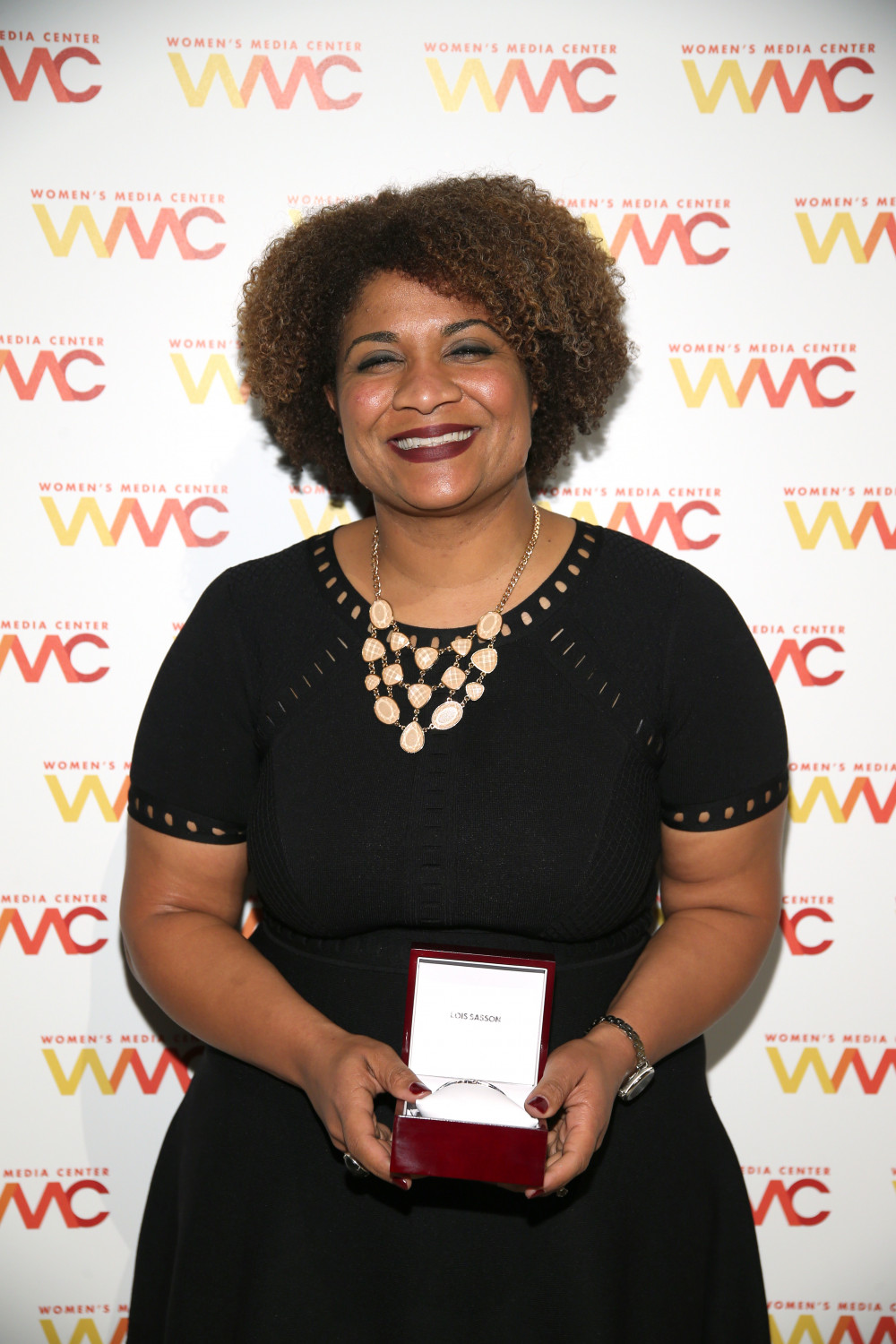 Honoree Fatima Goss Graves with her WMC Progressive Women?s Voices IMPACT Award during the 2018 Women's Media Awards at Capitale in New York City, on Nov. 1, 2018. (Jemal Countess/Getty Images for Women's Media Center)