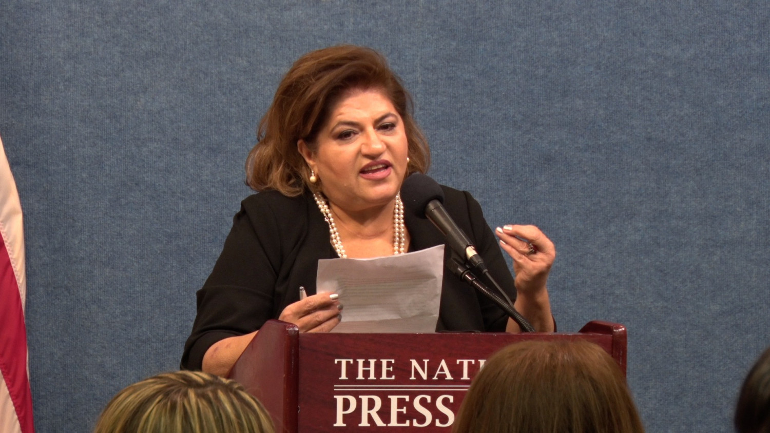 Mina Attaran, a Persian-American women's rights activist and member of the Middle Eastern Women's Coalition speaks at a press conference at the National Press Club in Washington on Dec. 11, 2018. (York Du/ NTD)