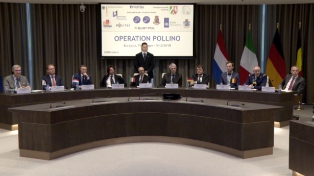 Officials speak at at press conference detailing 'Operation Pollino,' a coordinated effort to fight organized crime in Europe, in The Hague, Netherlands, on Dec. 5, 2018. (Eurojust)