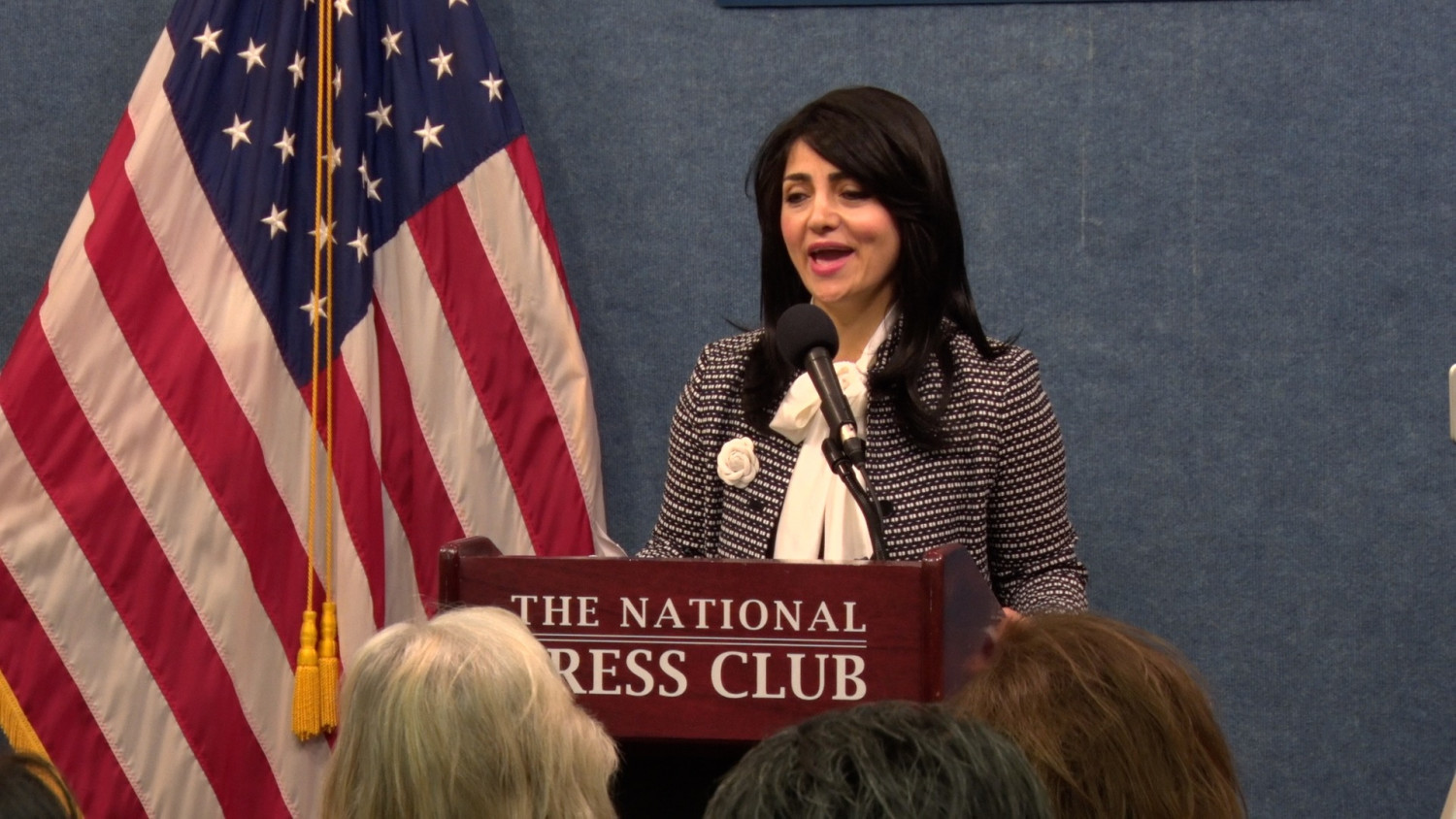 Rabia Kazan, the founder and president of the Middle Eastern Women's Coalition, speaks at a press conference at the National Press Club in Washington on Dec. 11, 2018. (York Du/ NTD)
