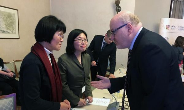 Ex-minister Daniel Herman in an interview with Ms. Liu and representative of the NGO WOIPFG Mrs. Haiyen Wang. (Lukáš Kruťa/The Epoch Times)