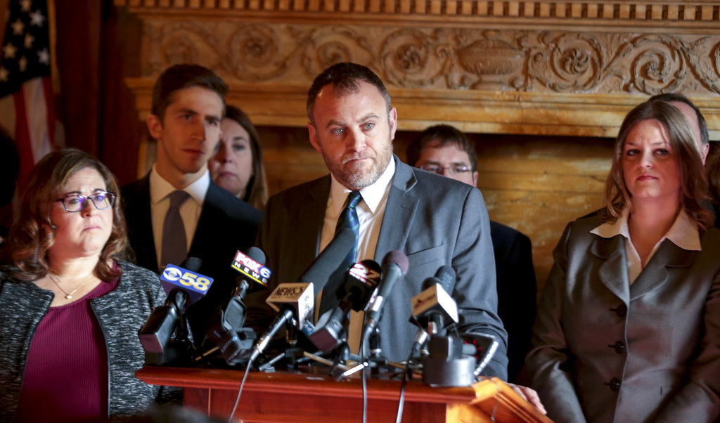 Wisconsin Minority Leader Gordon Hintz holds a press conference in the Assembly chambers at the Capitol in Madison on Dec. 4, 2018. (Steve Apps/Wisconsin State Journal via AP)