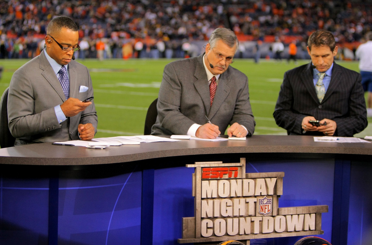 Matt Millen (C) on the set of the pregame show for ESPN's "Monday Night Football" with co-hosts Stuart Scott (L) and Steve Young (R) as the Pittsburgh Steelers face the Denver Broncos at Invesco Field at Mile High, on Nov. 9, 2009, in Denver, Colo. (Doug Pensinger/Getty Images)